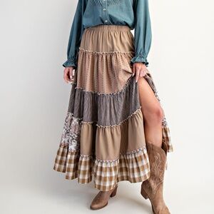Easel Multicolor Floral Plaid Print Color Block Maxi Skirt